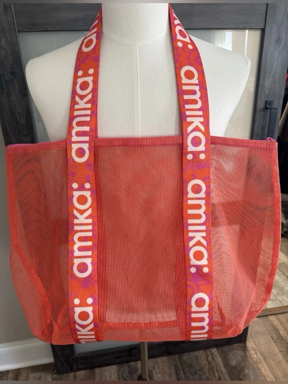 amika Orange Mesh Tote with Pink-Orange Branded Straps